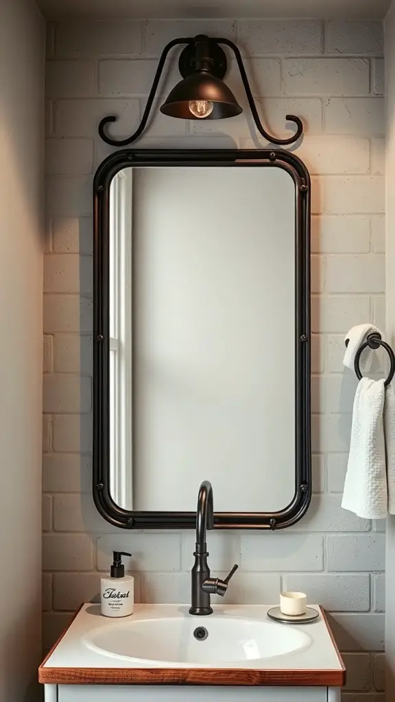 29+ Stylish Small Bathroom Mirror Ideas to Elevate Your Space 14 Industrial style bathroom mirror with a metal frame and light fixture
