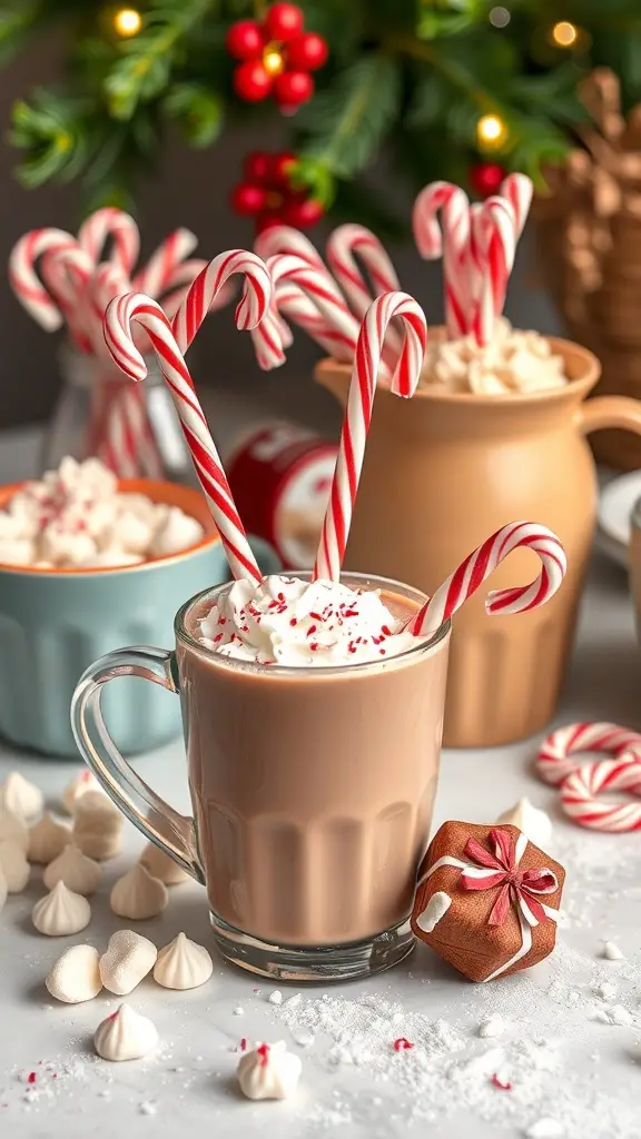 A festive peppermint hot chocolate bar with mugs of hot chocolate, candy canes, whipped cream, and decorations.