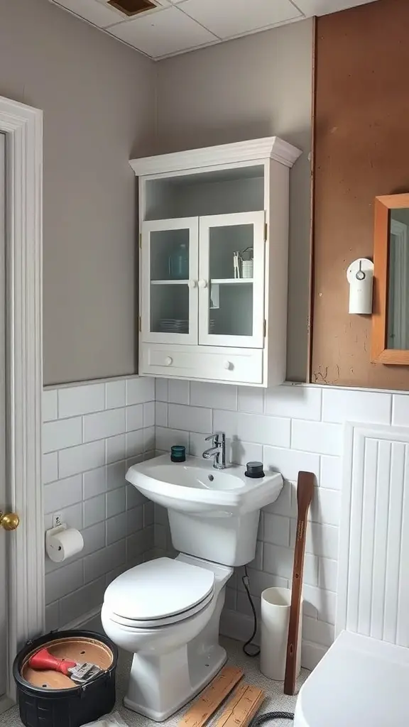 25+ Stylish Bathroom Corner Cabinets for Every Space 16 A bathroom featuring a white corner cabinet with glass doors, a small sink, and a toilet, surrounded by light tiles.