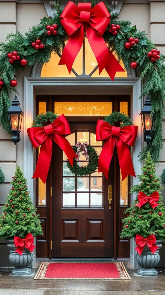 29+ Creative Christmas Doorway Decorations to Brighten Your Holiday Season 16 A beautifully decorated doorway with bright red bows, greenery, and festive ornaments.