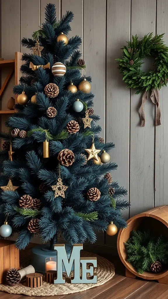 27+ Stunning Black Christmas Tree Ideas to Elevate Your Holiday Decor 16 A beautifully decorated black Christmas tree with pine cones, gold ornaments, and a cozy atmosphere.