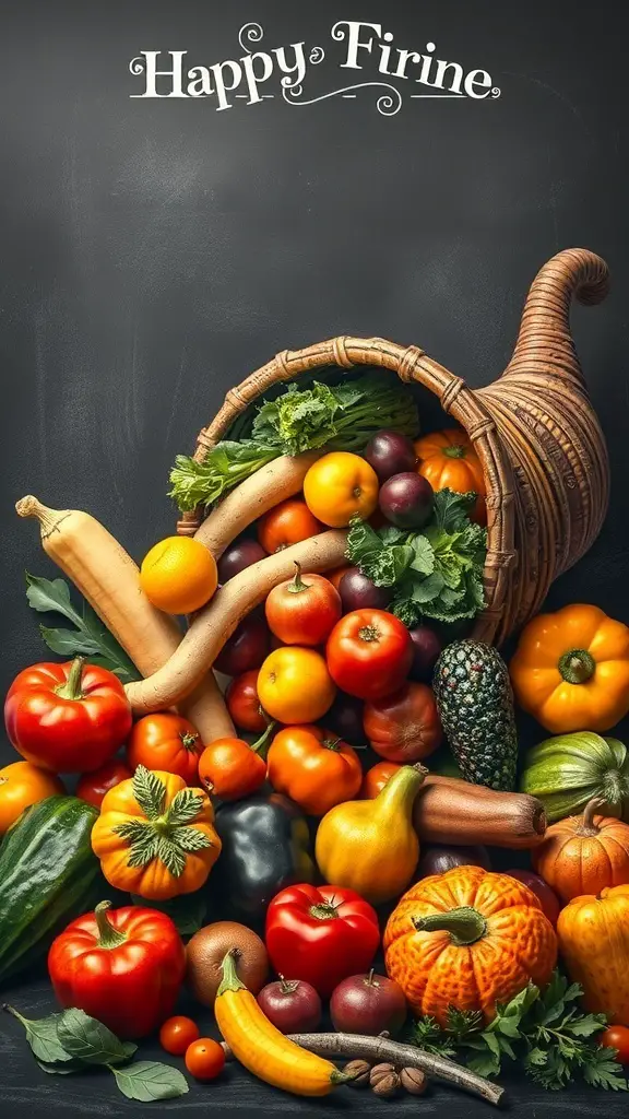 A cornucopia filled with colorful fruits and vegetables, symbolizing abundance for Thanksgiving.