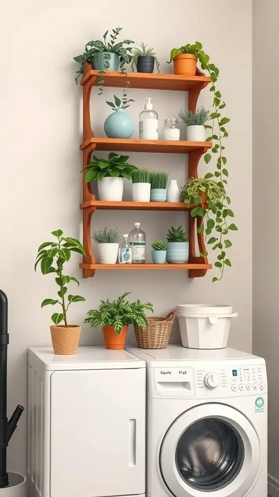27+ Creative Over Washer and Dryer Shelf Ideas for a Stylish Laundry Room 5 A wooden ladder shelf with plants and decorative items above a washer and dryer.
