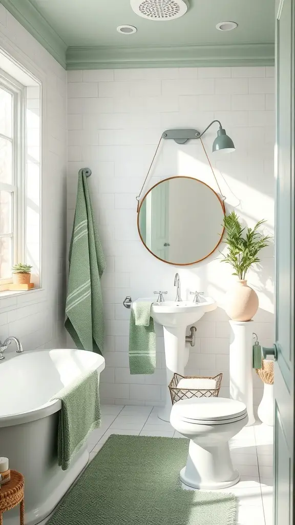 23+ Inspiring Green Bathroom Ideas for a Refreshing Makeover 6 A bathroom featuring sage green accents, white tiles, and natural elements.