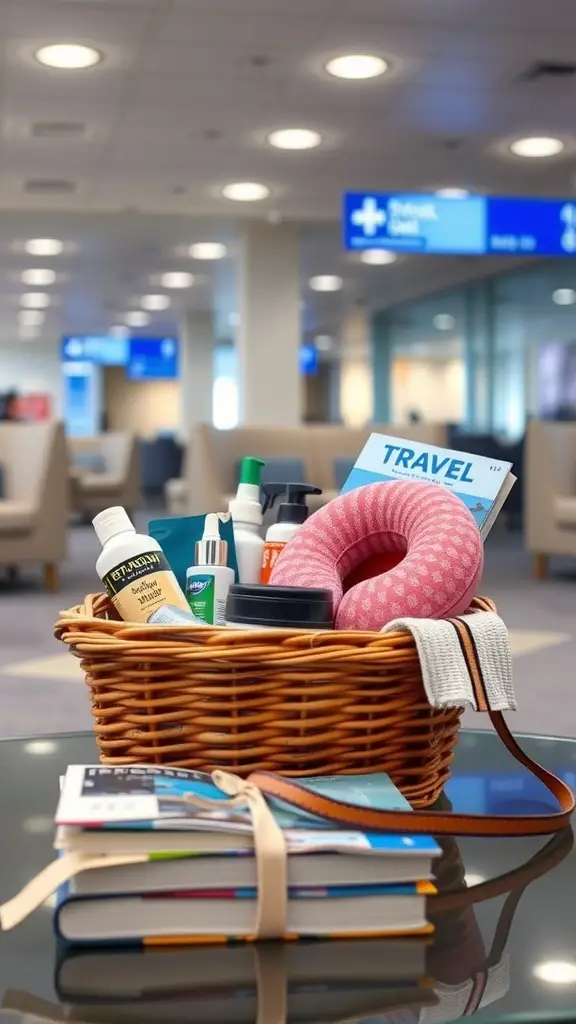A wicker basket filled with travel essentials including toiletries, a neck pillow, and travel guides, set in an airport lounge.