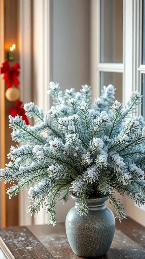 A vase filled with snow-dusted pine branches, creating a cozy holiday decor.