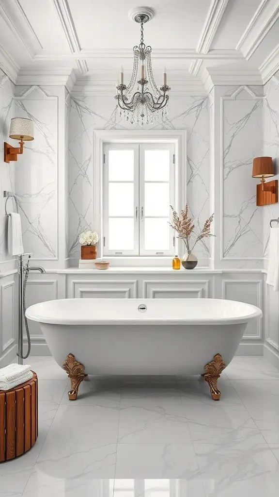 21+ Timeless Bathroom Ideas You’ll Love 16 A classic freestanding bathtub in a stylish bathroom with marble walls and a chandelier.