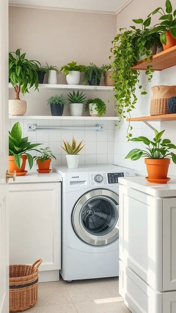 27+ Creative Small Space Solutions for Top Loader Laundry Rooms 15 A bright and organized laundry room featuring various plants on shelves and a top loader washing machine.