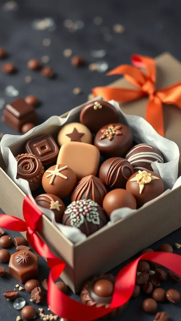 A beautifully arranged artisan chocolate gift box with various chocolates and a red ribbon.