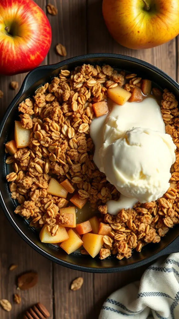 27+ Delightful Thanksgiving Desserts You Need to Try 7 A delicious apple crisp with oat topping served with ice cream, surrounded by fresh apples.
