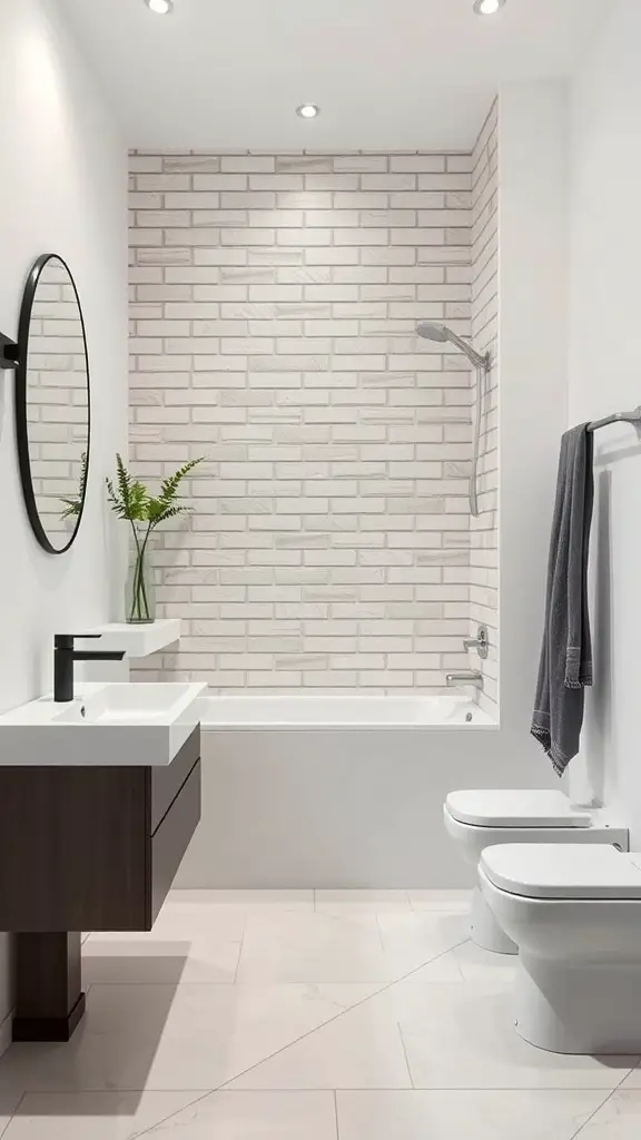 23+ Stunning Bathroom Brick Wall Accent Ideas You Need to Try 4 A modern bathroom featuring a light brick wall, sleek fixtures, and a plant.