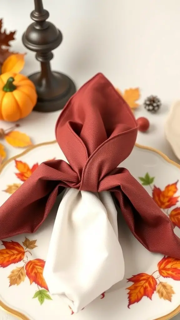 Burgundy and white napkin folded in the shape of a bishop's hat on a decorative plate with autumn leaves.