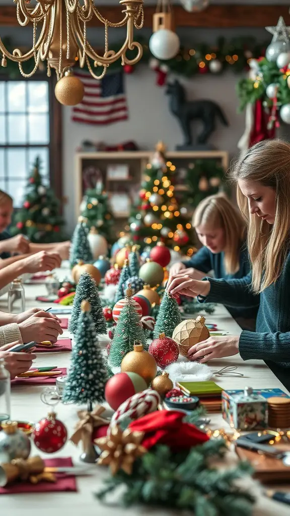 A festive gathering where people are creating DIY Christmas ornaments at a decorated table.