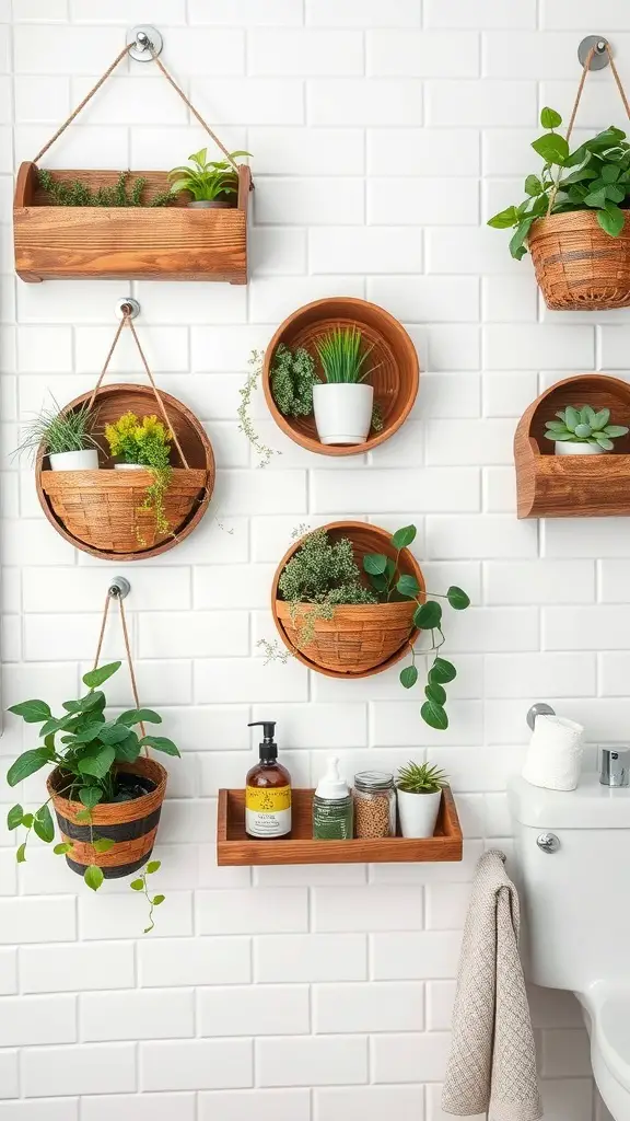 25+ Stylish Bathroom Wall Basket Ideas for Every Space 3 Rustic wooden wall baskets filled with plants and toiletries on a white tiled bathroom wall.