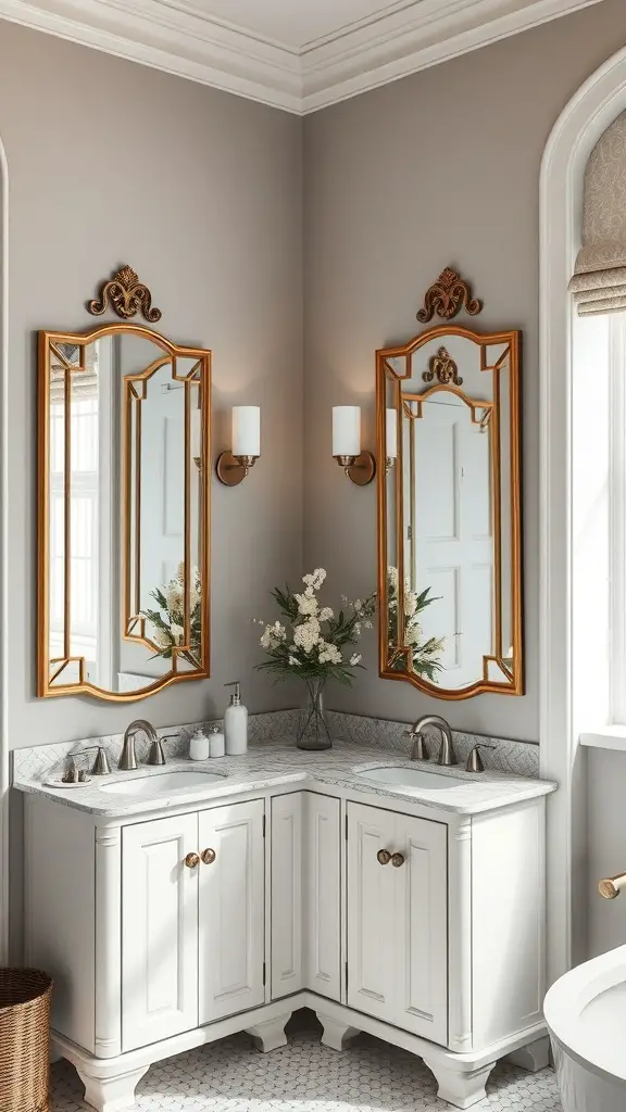 A stylish corner vanity with decorative mirrors in a bathroom.