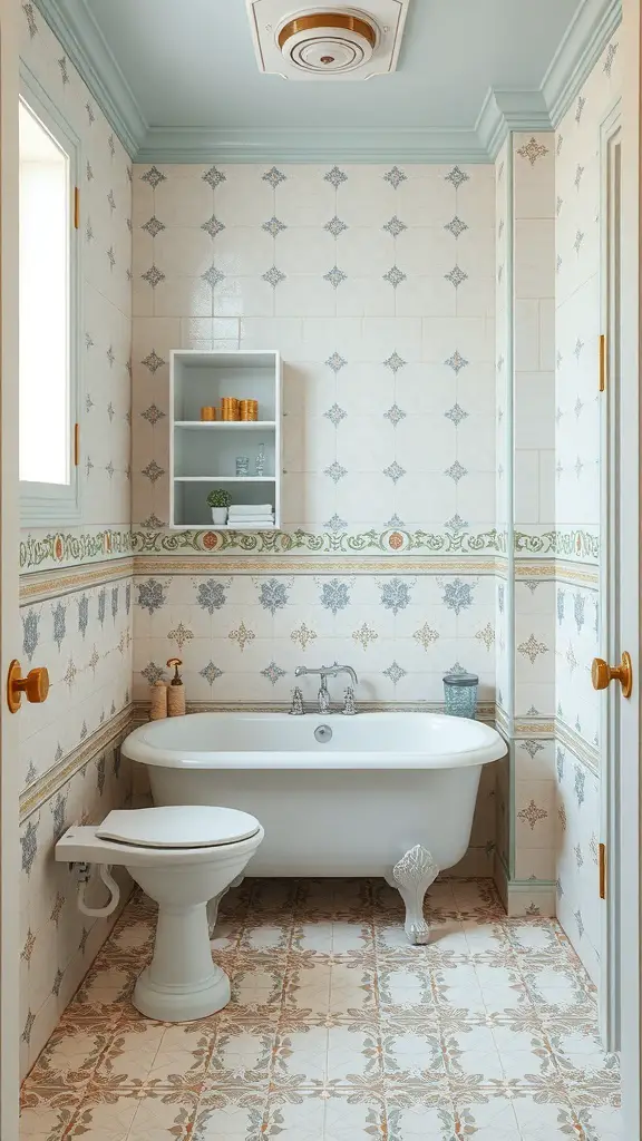 A vintage-style bathroom featuring intricate patterned tiles on the walls and floor, with a classic bathtub and modern fixtures.