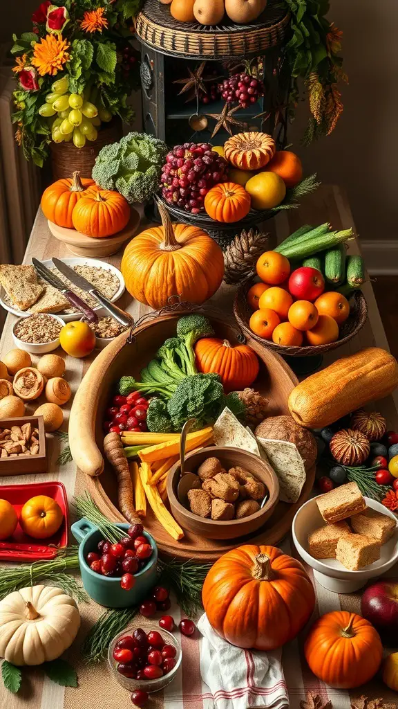 A bountiful harvest table filled with pumpkins, grapes, vegetables, and seasonal treats.