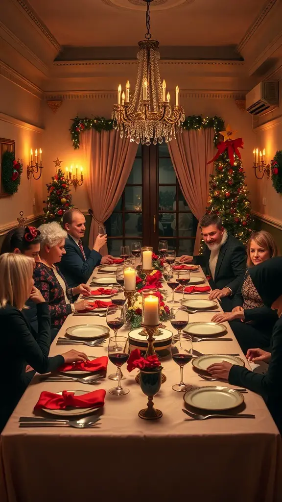 A festive dinner setting with guests engaged in a murder mystery game, decorated with Christmas trees and candles.
