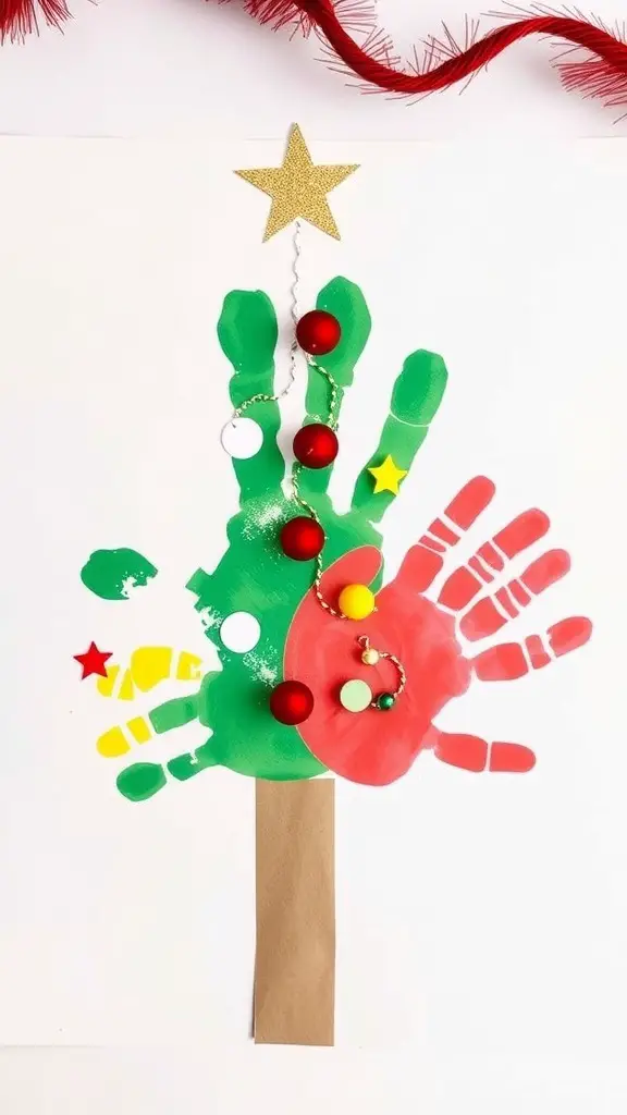 Colorful handprint Christmas tree craft made with green and red paint, decorated with pom-poms and a star.