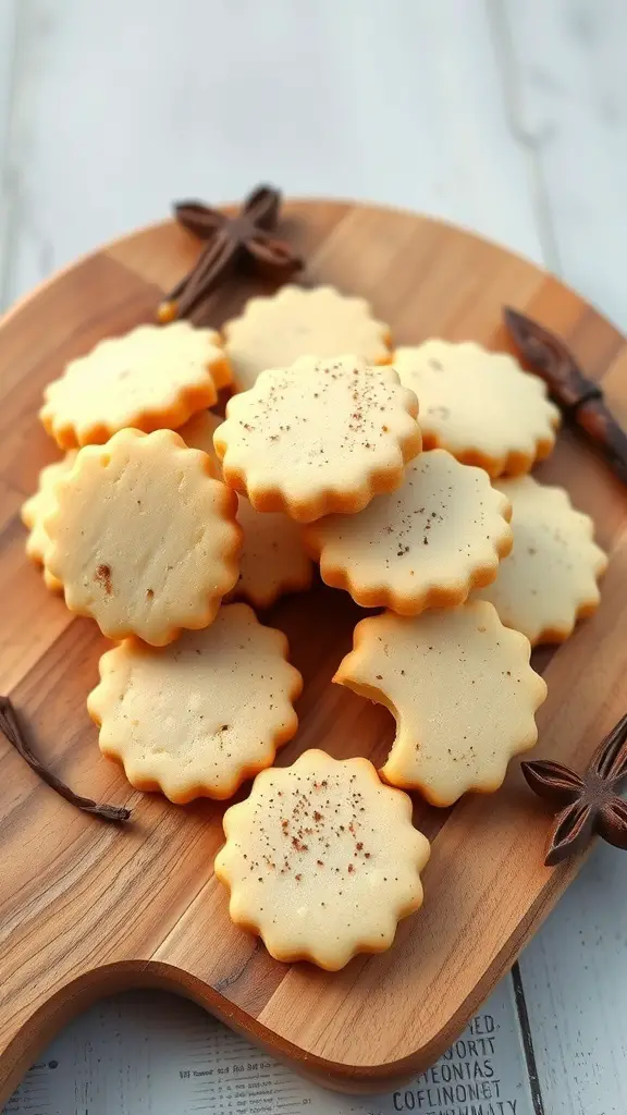 A plate of Nutmeg and Clove Shortbread Cookies on a wooden board