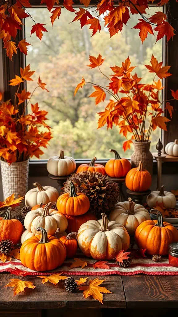 Thanksgiving table decorated with colorful fall leaves and pumpkins
