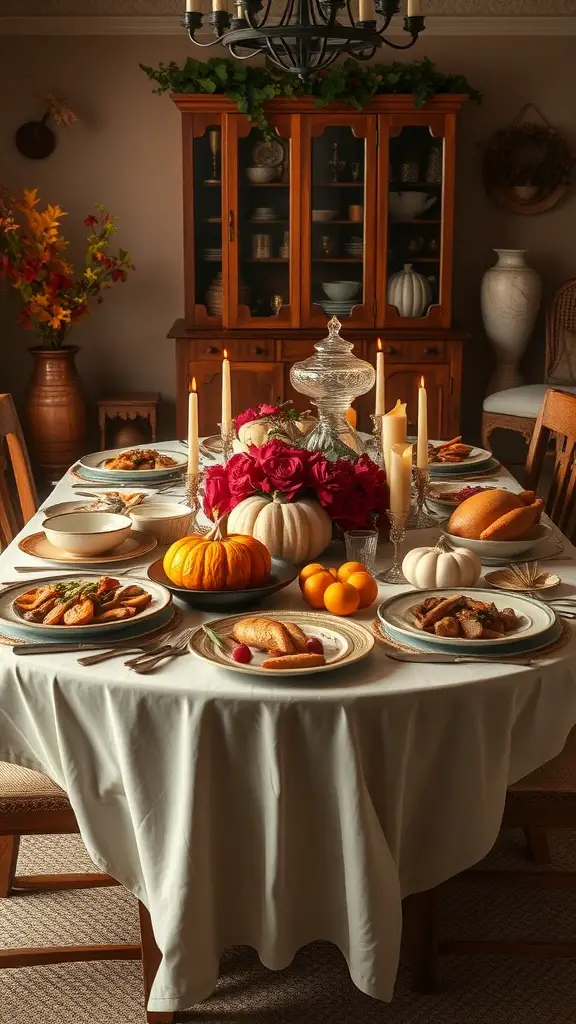 A beautifully set Thanksgiving dinner table with pumpkins, flowers, and an array of dishes.