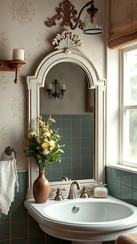 A vintage arched mirror with a distressed frame above a sink, surrounded by flowers and soft lighting.