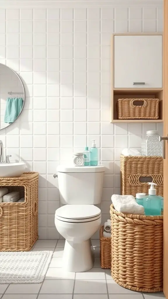 27+ Creative Bathroom Vanity Storage Ideas for an Organized Space 3 A bathroom featuring woven baskets for storage, neatly organized around a sink and toilet.