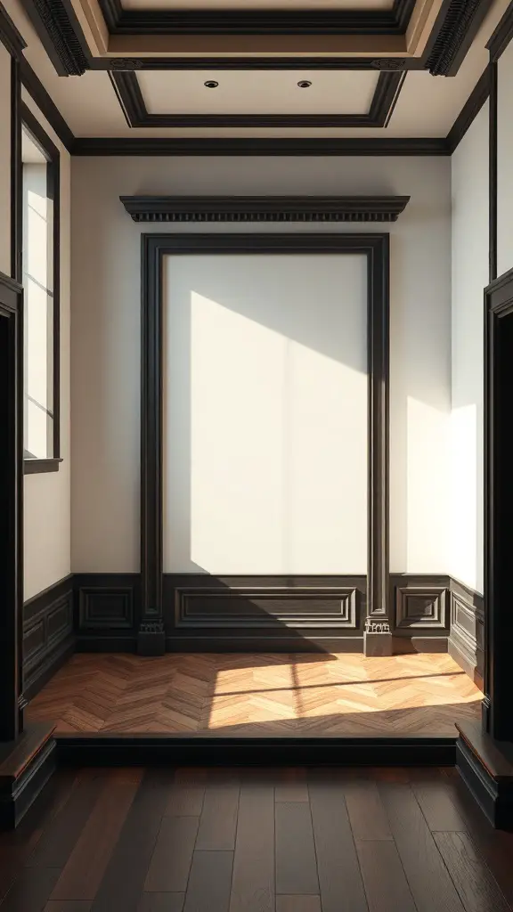 Interior space with light walls and dark trim, featuring elegant architectural details.