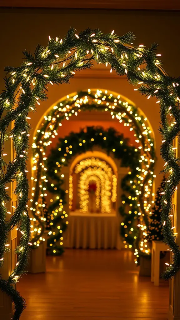 Indoor Christmas archway decorated with twinkling fairy lights and greenery.