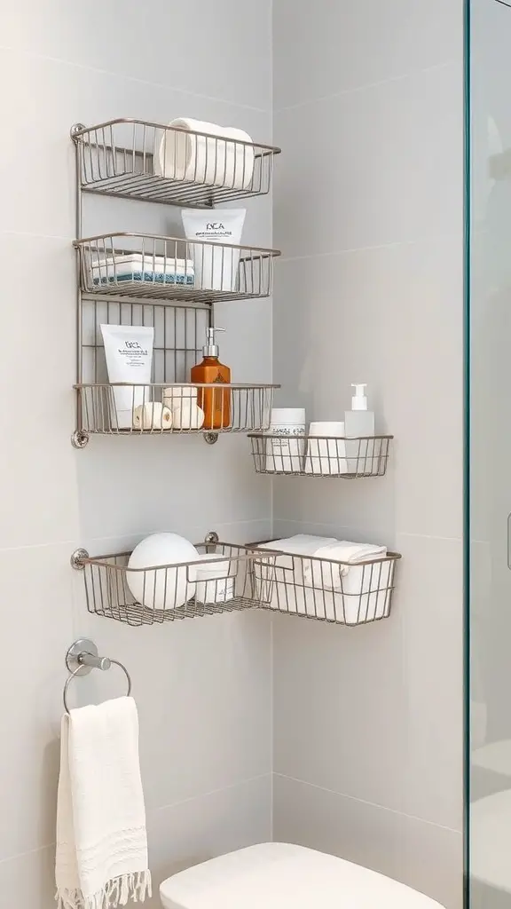 25+ Stylish Bathroom Wall Basket Ideas for Every Space 5 Metal wire baskets arranged on a bathroom wall, holding towels and toiletries.