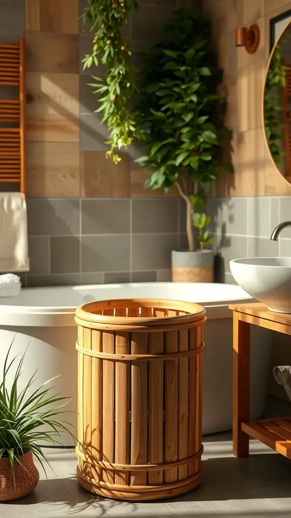 Eco-friendly bamboo trash can in a modern bathroom setting