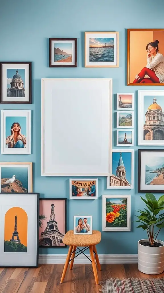 An eclectic gallery wall featuring various framed photos and artwork in different styles and colors.