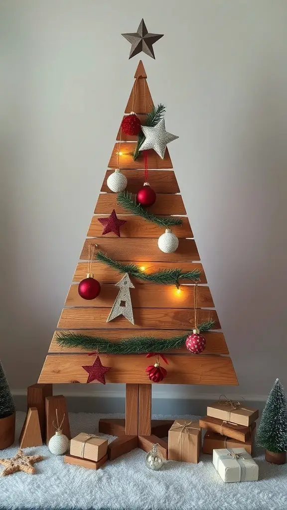 A DIY wooden Christmas tree decorated with ornaments and lights, surrounded by wrapped gifts.