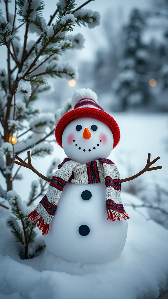 A cheerful snowman wearing a red hat and striped scarf, surrounded by snow and pine trees.