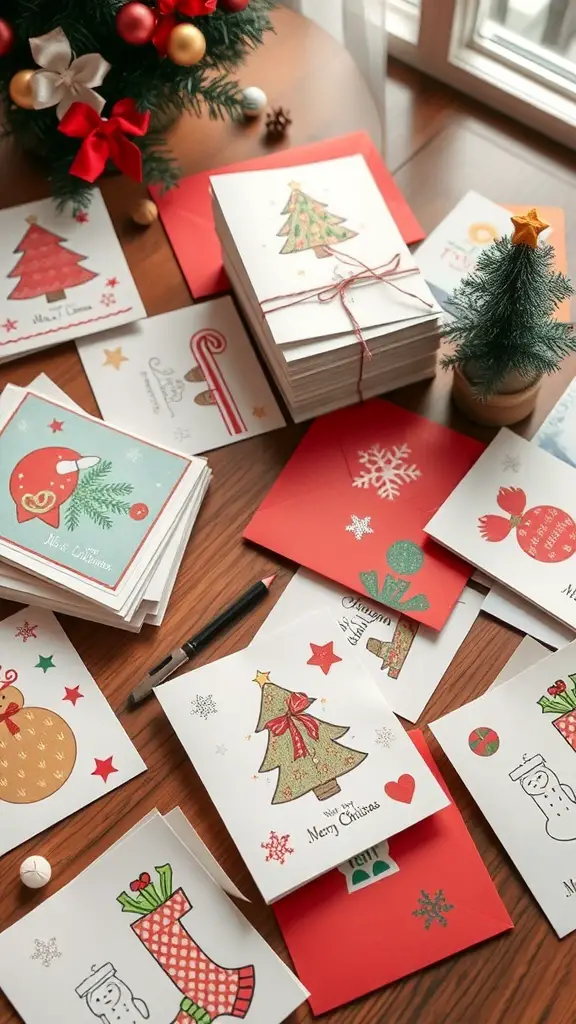 A collection of colorful Christmas cards with festive designs, surrounded by craft supplies.