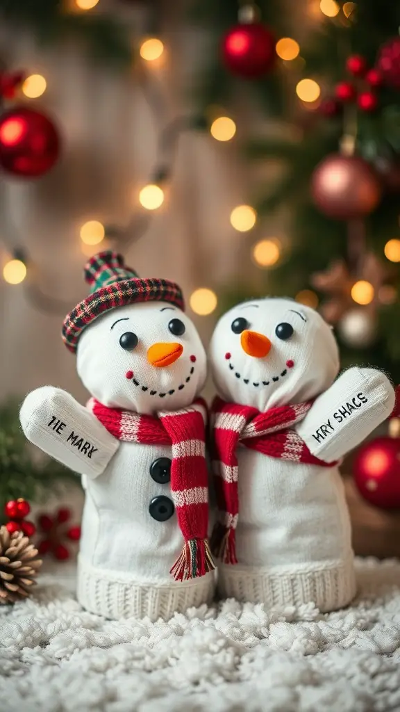 Two snowman sock puppets with scarves and buttons, set against a festive background.