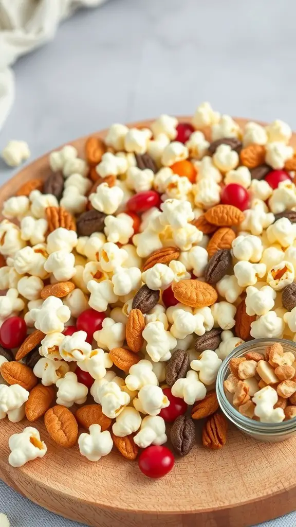 A wooden platter filled with popcorn, nuts, and colorful candies.