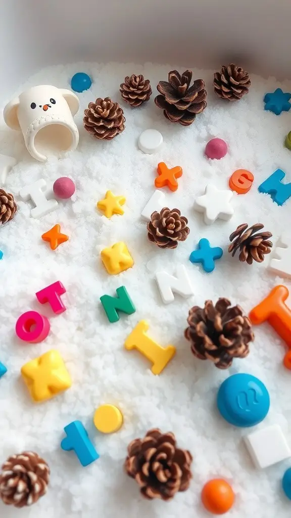 A winter sensory bin filled with white material, colorful letters, small round objects, and pine cones.