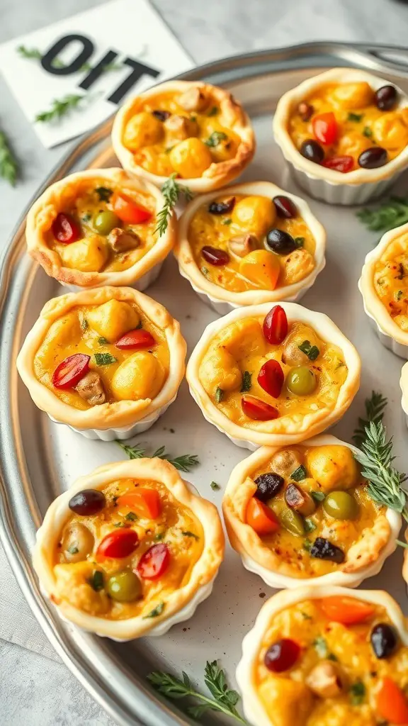 A tray of mini quiches filled with seasonal vegetables, showcasing a variety of colors and textures.