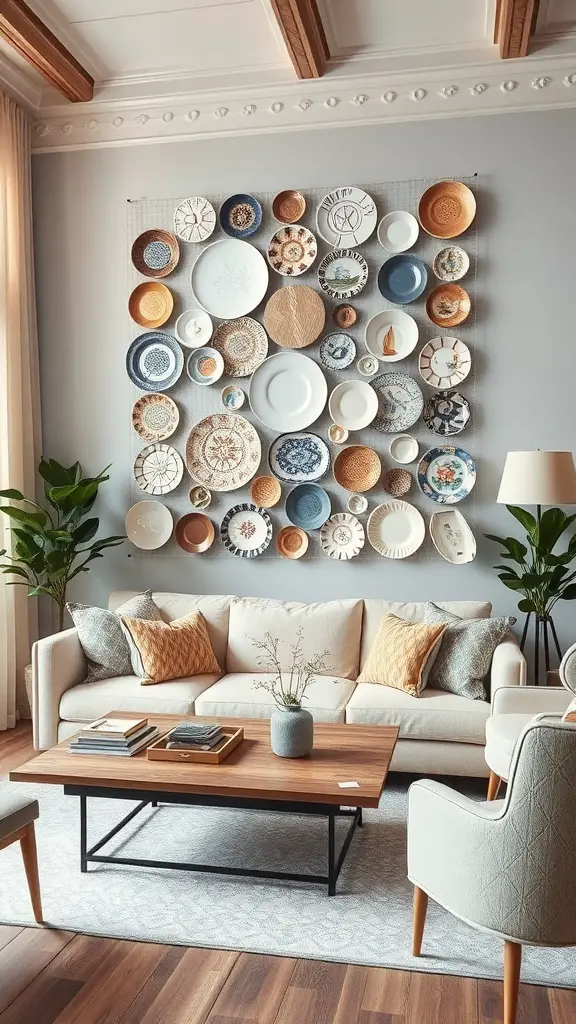 29+ Creative Ideas for a Stunning Plate Wall Display 8 A stylish living room featuring a wall display of vintage plates in various colors and designs, complemented by a cozy sofa and wooden coffee table.