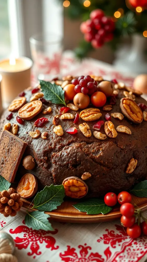 31+ Delightful Christmas Eve Food Ideas for a Festive Celebration 14 A beautifully decorated holiday fruitcake topped with nuts and fruits, set on a festive table.
