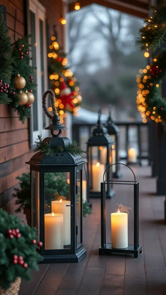 A cozy porch decorated with candlelit lanterns and holiday greenery.