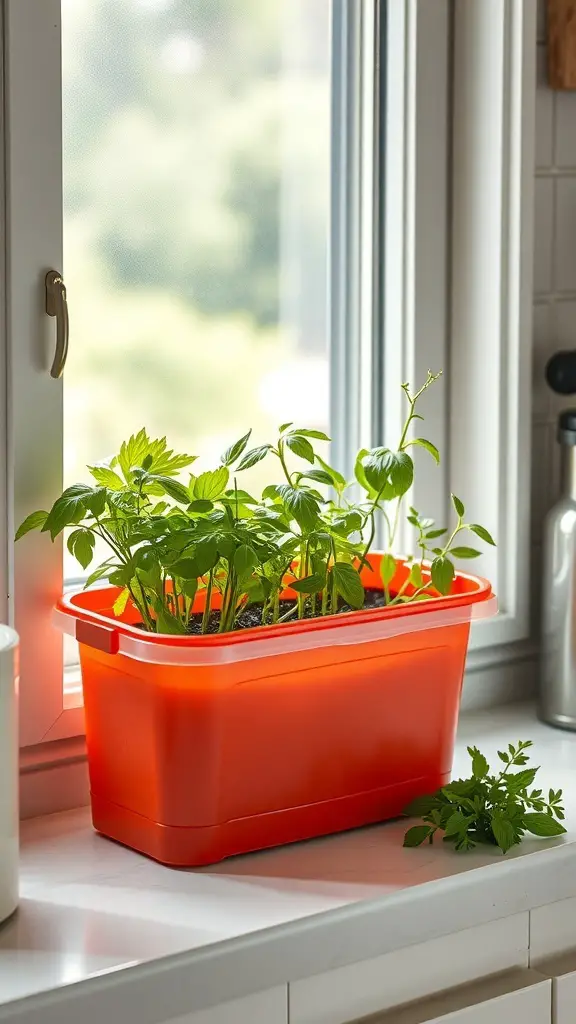 A bright red planter with various herbs growing on a windowsill
