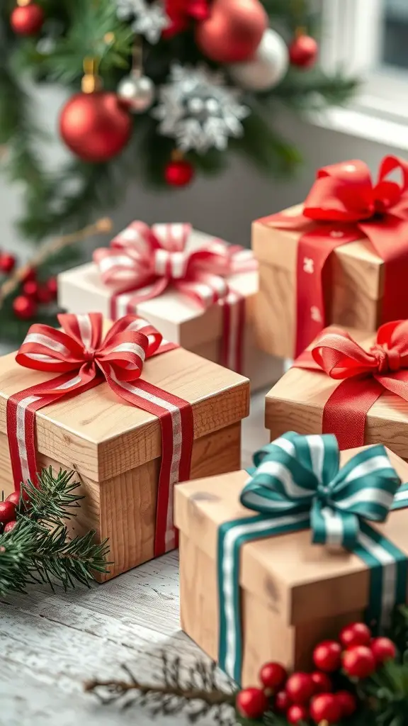 A collection of wooden gift boxes with colorful ribbons, set against a festive background.