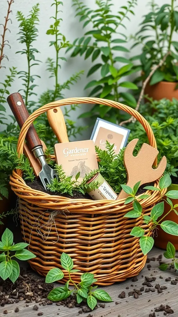 A wicker basket filled with gardening tools and seed packets, surrounded by plants.