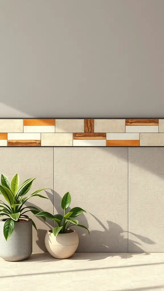 29+ Creative Wall Tile Accent Strip Ideas for Stunning Interiors 14 An eco-friendly accent strip made of recycled tiles, featuring earthy tones, with two potted plants beside it.