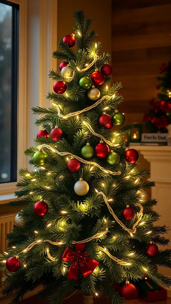 A green Christmas tree decorated with white lights and colorful ornaments.