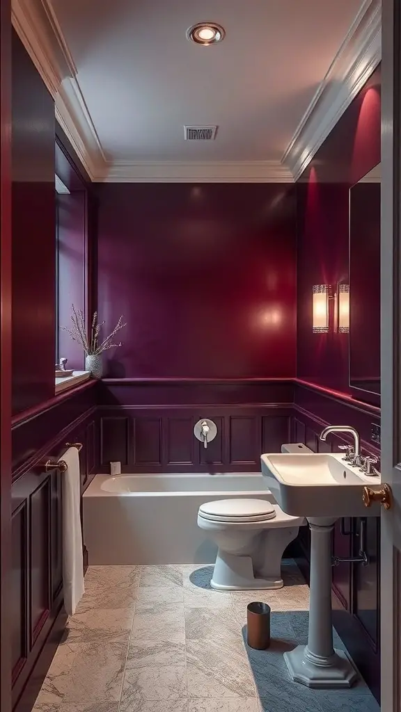 27+ Stunning Bathroom Paint Colors to Transform Your Space 15 A bathroom with deep plum walls, white fixtures, and soft lighting.