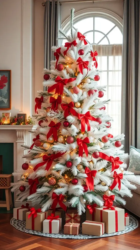 A white Christmas tree decorated with red bows and ornaments, surrounded by wrapped gifts.